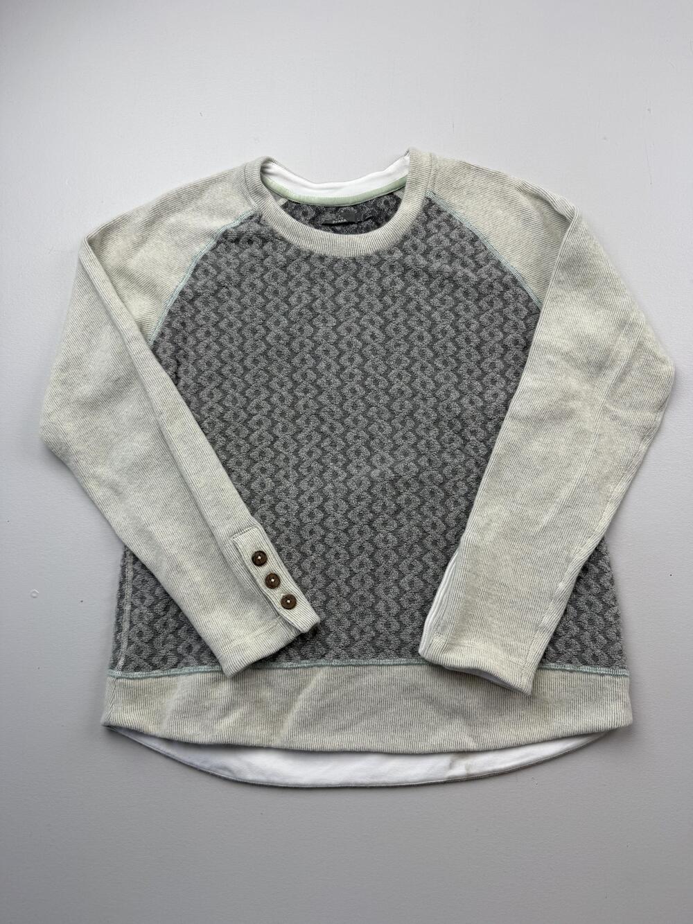 PrAna Sweater Womens L Gray Crew Neck Raglan Long Sleeve Geometric Knit Pullover